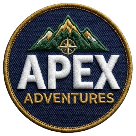 Apex Adventures embroidered patch with mountains and a compass