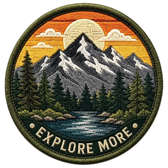 Explore More woven patch with a mountain and forest scene